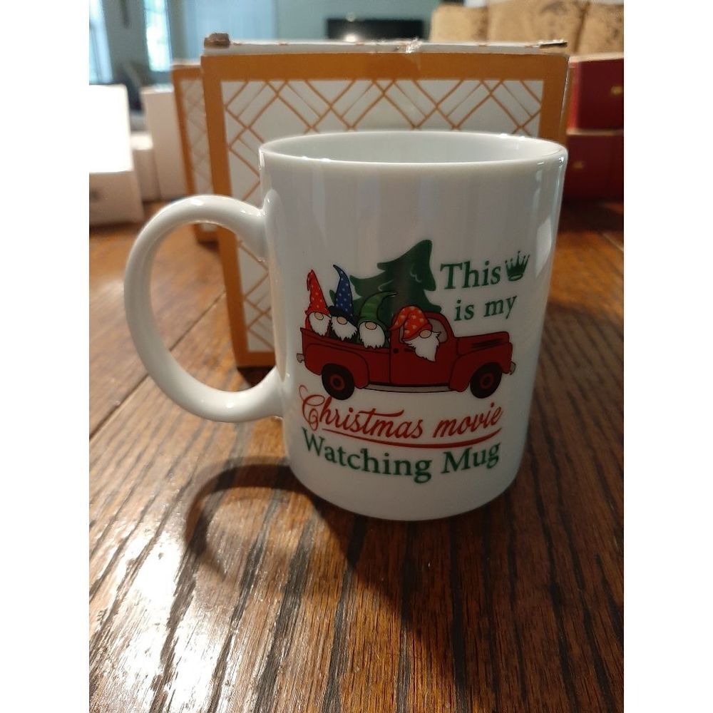 New Gnome Christmas Movie Watching Coffee Cup Hot Chocolate Mug Red Truck